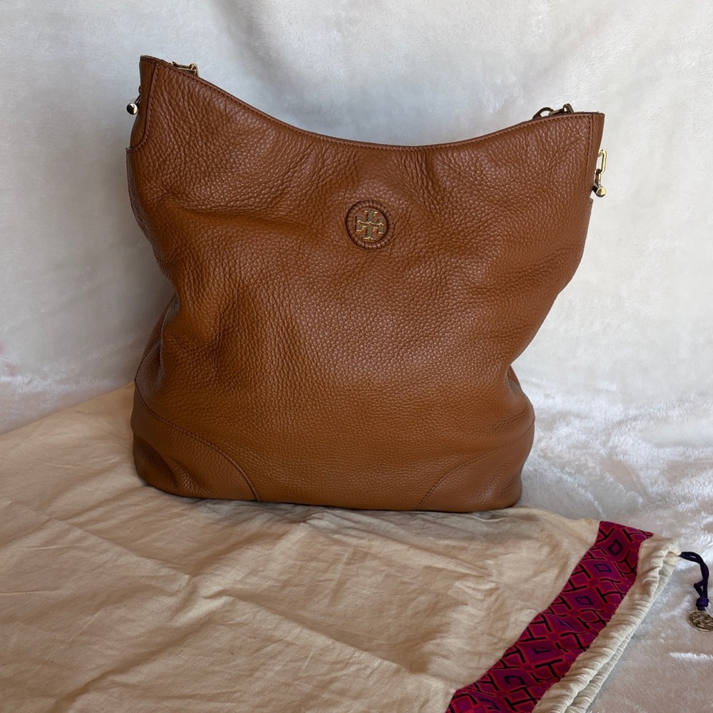 Tory Burch Pebbled Leather Shoulder Bag Brown Hobo Tote w/ Dust Bag